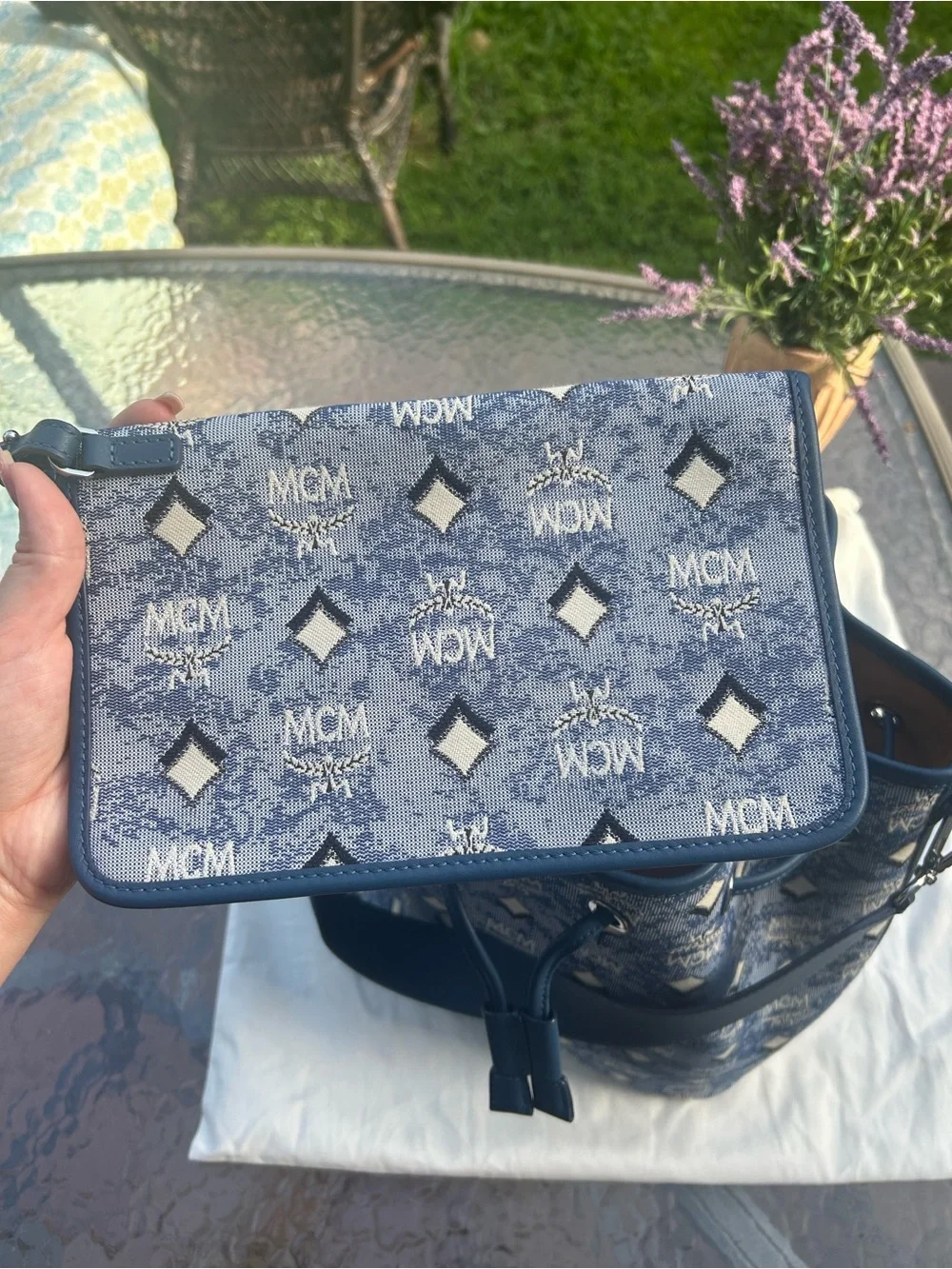 MCM Denim Visetos Dessau Navy Bucketbag Shoulder Bag & Crossbody Purse
